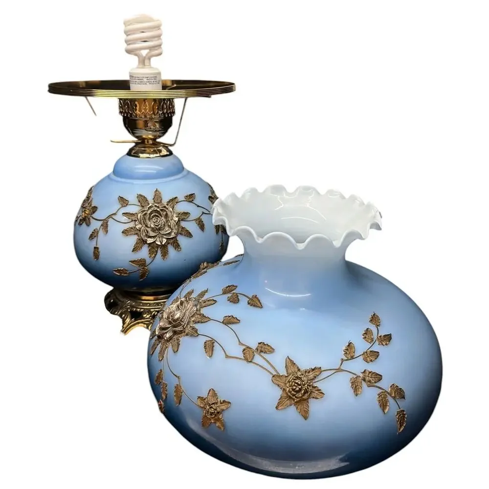 Vintage Falkenstein Style Industries Blue Opaline Hurricane Lamp Floral Dual